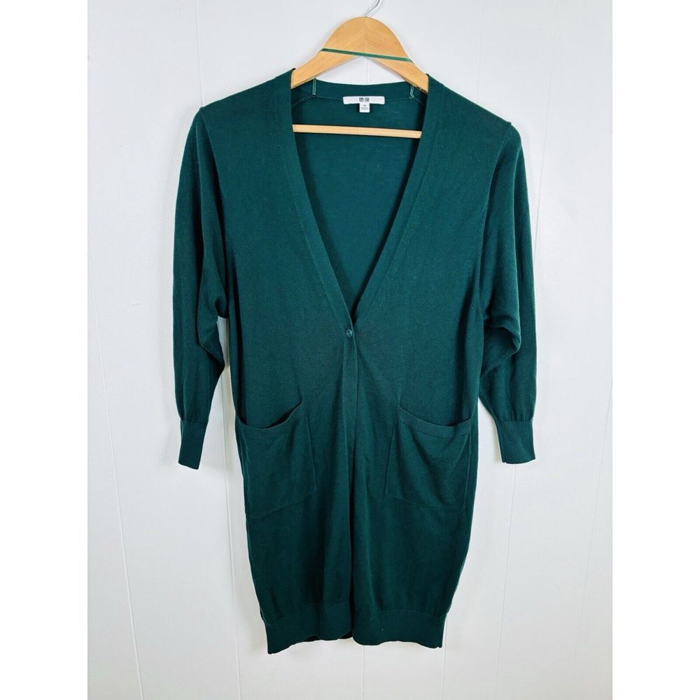 Uniqlo Women XS Sweater Long One‎ Button Long Cardigan Green Two Pockets